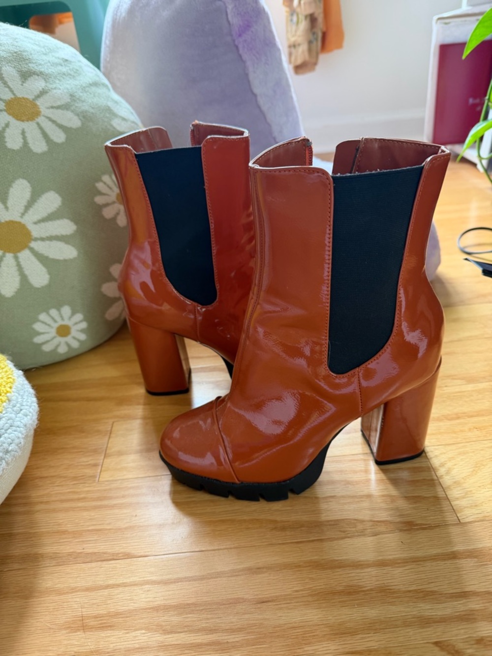 Patent Cognac Block-Heel Chelsea Ankle Boots